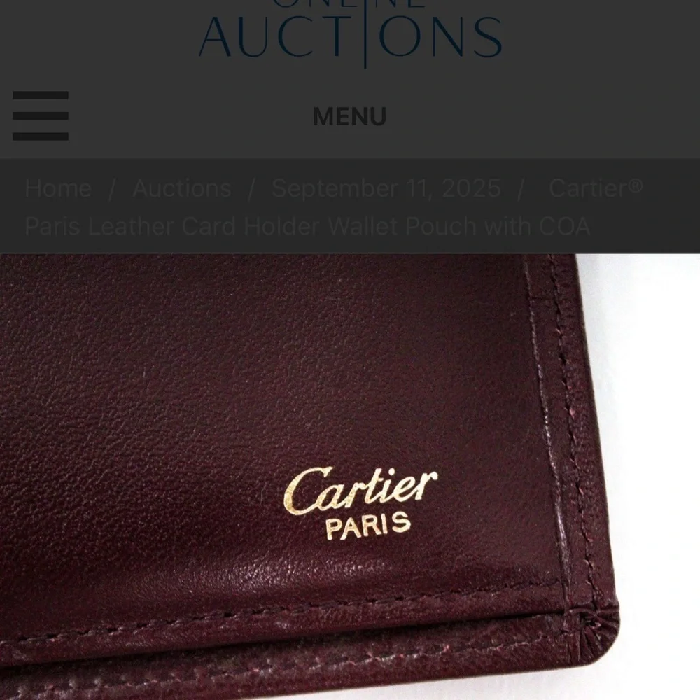 Cartier Maroon Leather Card Holder with Gold Logo with COA
